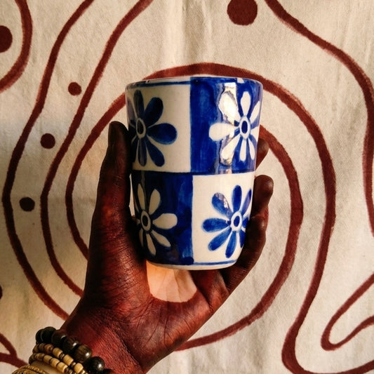 Blue and White Tiled Flowers Tumbler