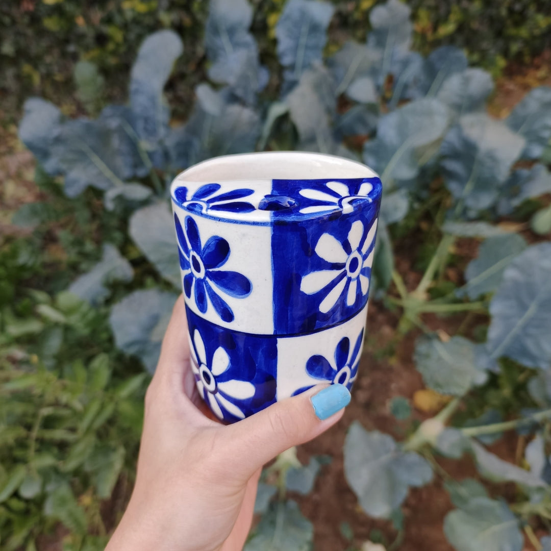 Blue and White Tiled Flowers Tumbler