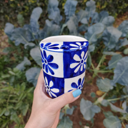 Blue and White Tiled Flowers Tumbler