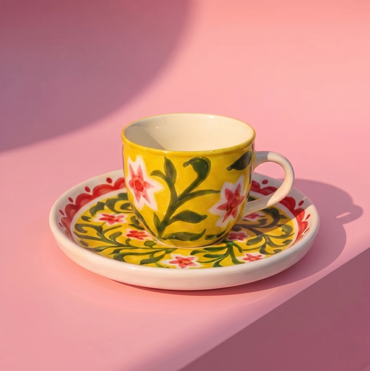 Strawberry Matcha Flowers Teacup and Saucer