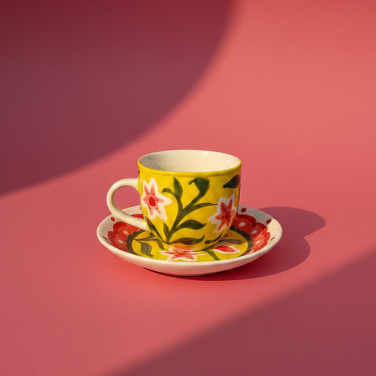 Strawberry Matcha Flowers Teacup and Saucer
